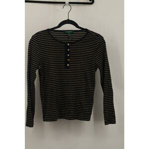 Lauren Ralph Lauren Womens Stripe Cardigan Sweater Long Sleeve Size M Black/Gold